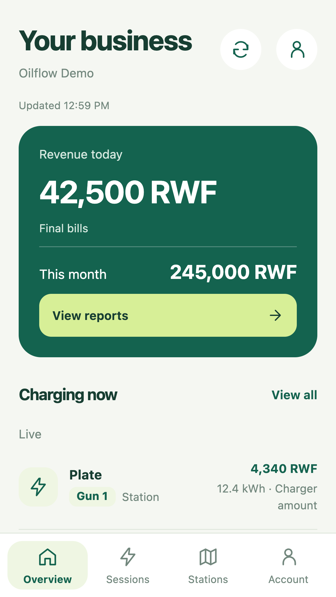 Oilflow owner app preview showing revenue and an active charging session