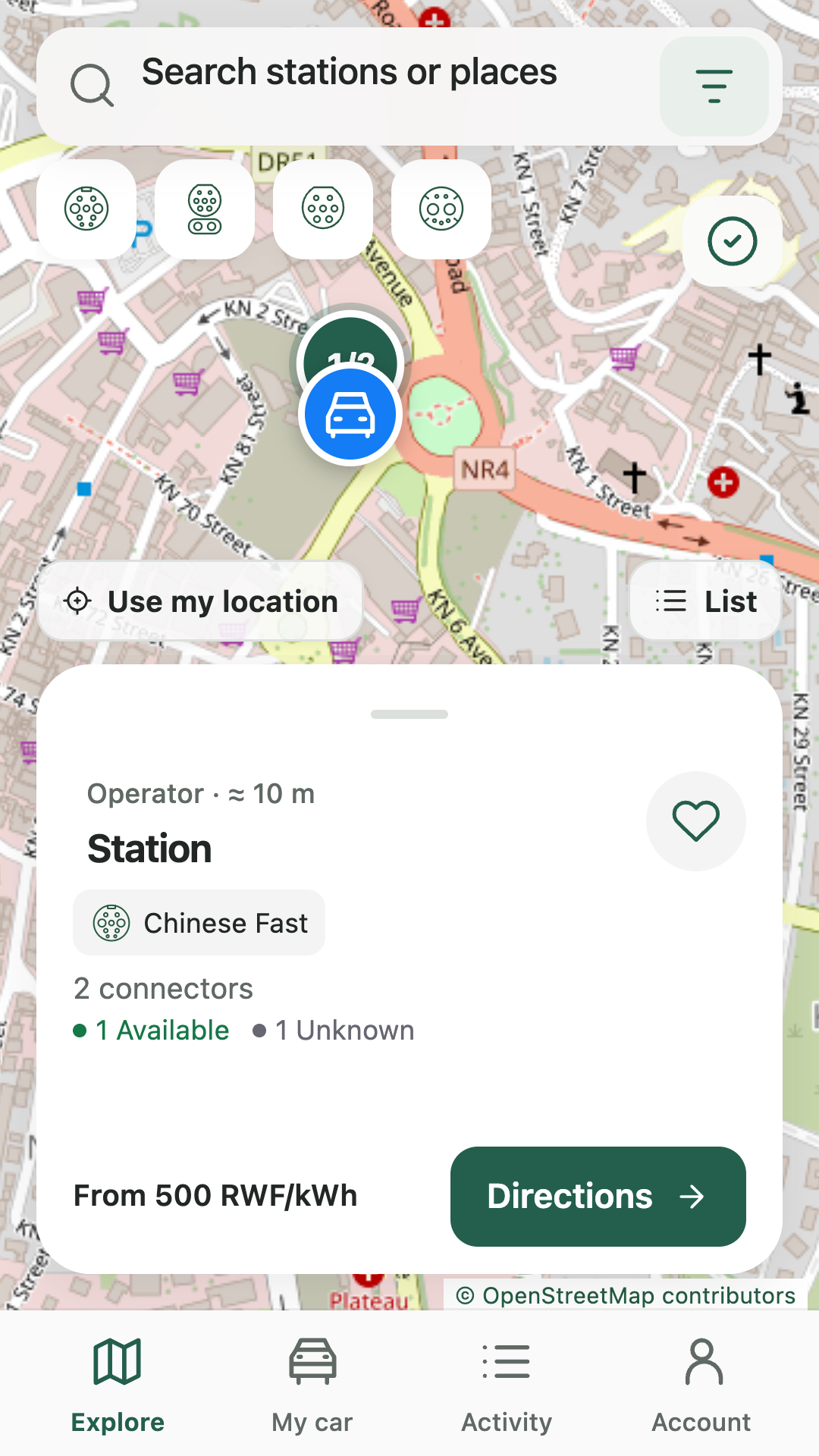 Oilflow app preview showing a station on the charging map and its connector availability